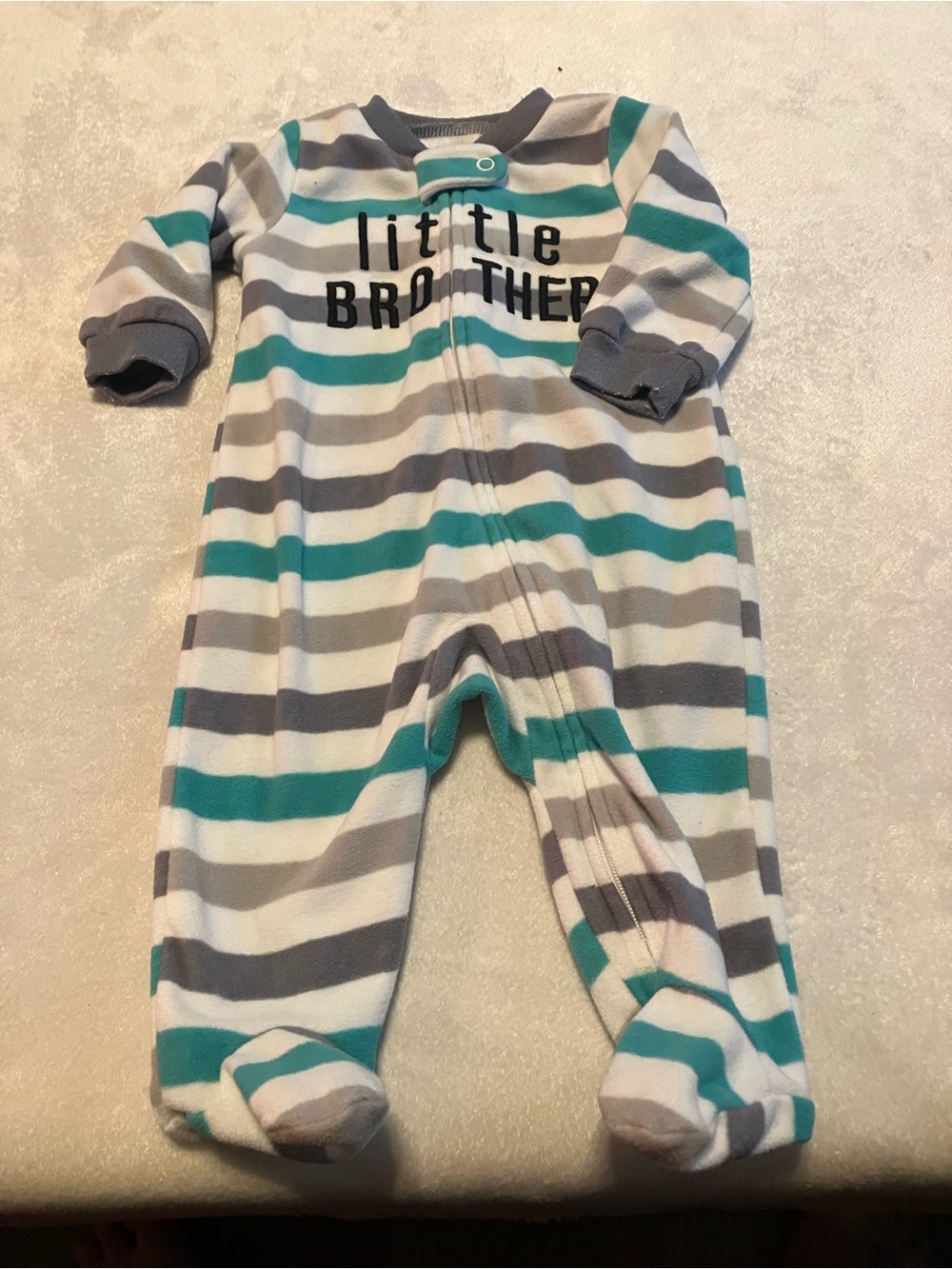 Carter's Striped Teal, Gray & White 'Little Brother' Footed One-Piece
